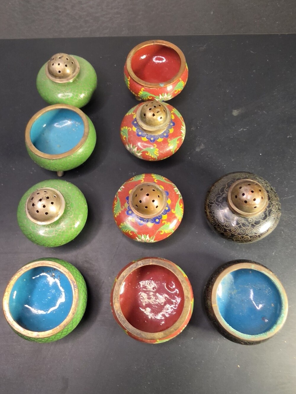 Cloisonné Decorative 5 Salt & Pepper Sets Assorted Green, Red, Blue, Black